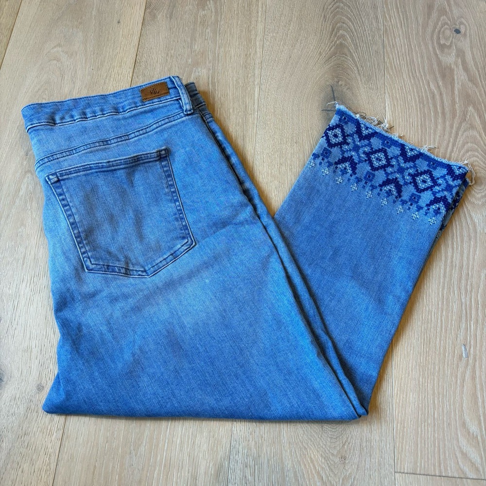 Ralph Lauren Embroidered Raw Hem Cropped Jeans Womens Size 16